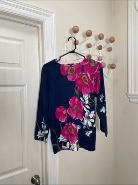 Talbots Pink Floral Cashmere Sweater Navy Pink - Lp